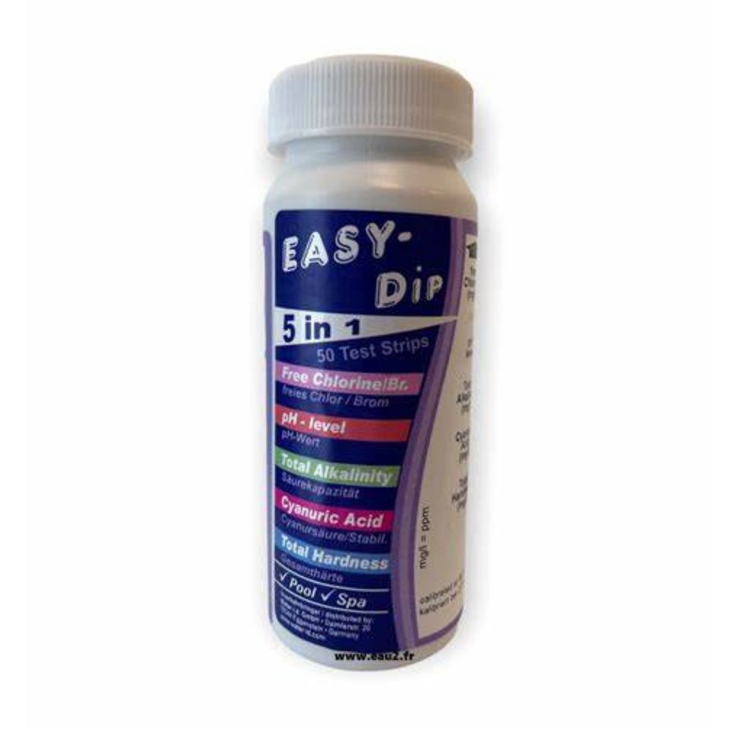 Bandelette 5 en 1 pour la piscine. Chlore (brome) libre ,pH, Alcalinité, Acide cyanurique (stabilisant), Dureté Totale .Tube de 50 bandelettes