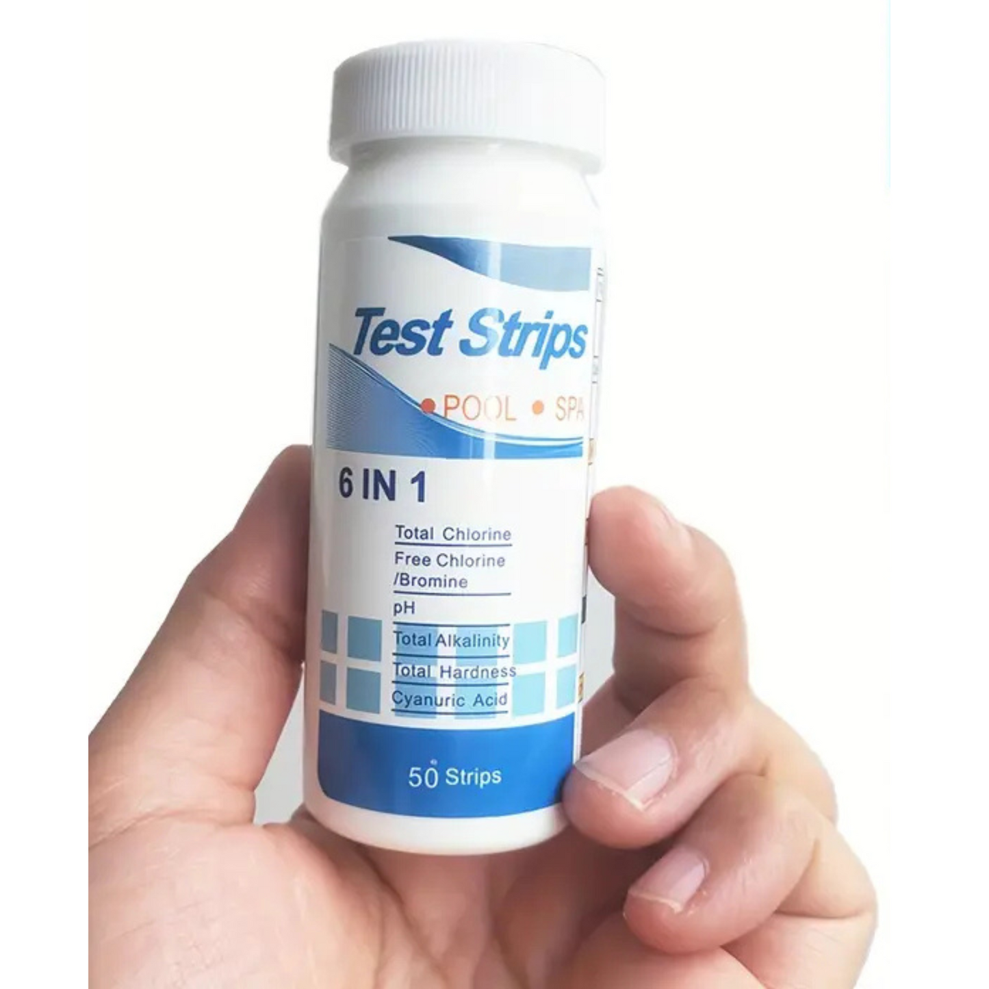 Bandelette 6 en 1 pour la piscine ou le SPA : Chlore (brome) libre, Chlore Total, pH, Alcalinité, Acide cyanurique (stabilisant), Dureté Totale.
Tube de 50 bandelettes