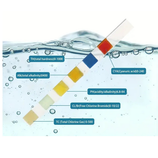 Bandelette 6 en 1 pour la piscine ou le SPA : Chlore (brome) libre, Chlore Total, pH, Alcalinité, Acide cyanurique (stabilisant), Dureté Totale.
Tube de 50 bandelettes