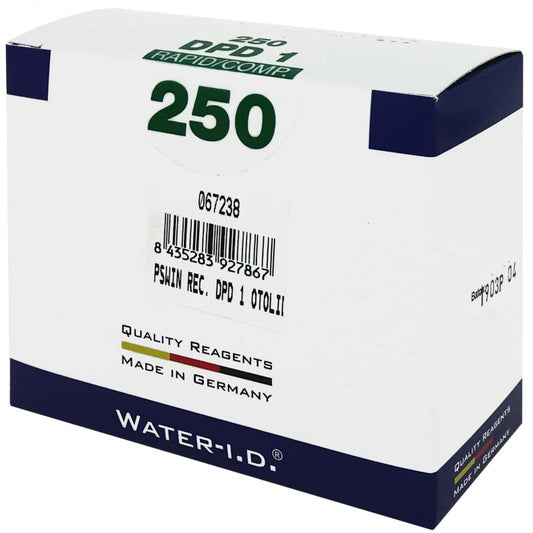 Réactifs DPD n°1 RAPID pour Comparateur visuel Pooltester ou Flexitester , pour l'analyse de l'eau de la piscine : mesure du chlore libre, pastilles en boîte de 50 à 250 unités, précises.
