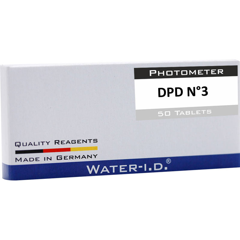 Réactifs DPD n°3 pour photomètre piscine : mesure du chlore libre, pastilles en boîte de 50 à 250 unités, précises et compatibles avec PoolLab, Scuba, etc.