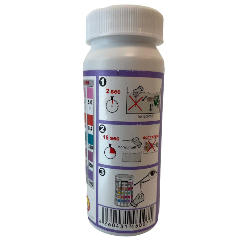 Bandelette 5 en 1 pour la piscine. Chlore (brome) libre ,pH, Alcalinité, Acide cyanurique (stabilisant), Dureté Totale .Tube de 50 bandelettes