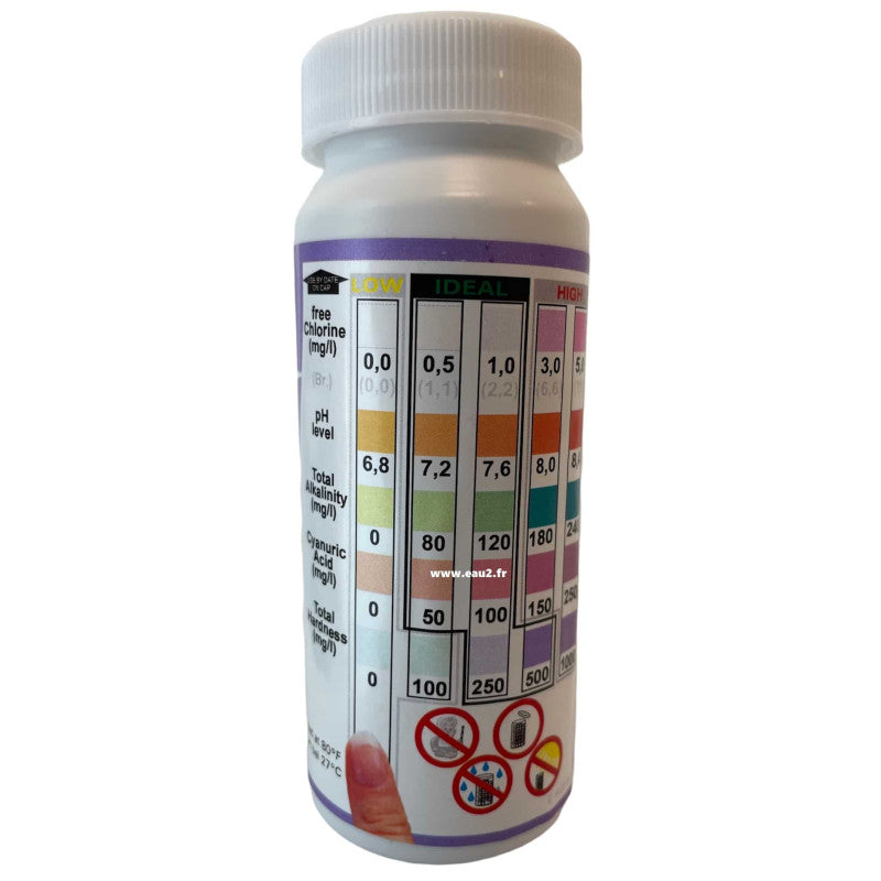 Bandelette 5 en 1 pour la piscine. Chlore (brome) libre ,pH, Alcalinité, Acide cyanurique (stabilisant), Dureté Totale .Tube de 50 bandelettes