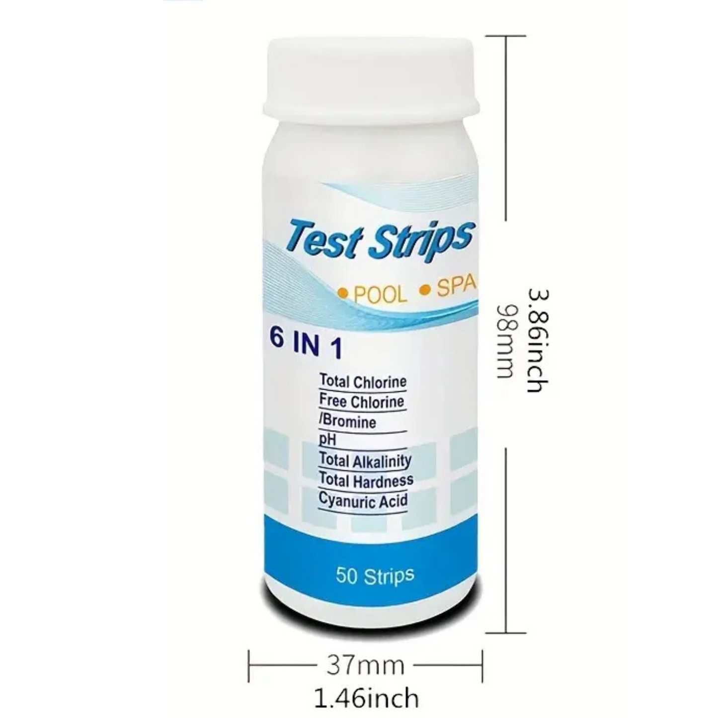 Bandelette 6 en 1 pour la piscine ou le SPA : Chlore (brome) libre, Chlore Total, pH, Alcalinité, Acide cyanurique (stabilisant), Dureté Totale.
Tube de 50 bandelettes