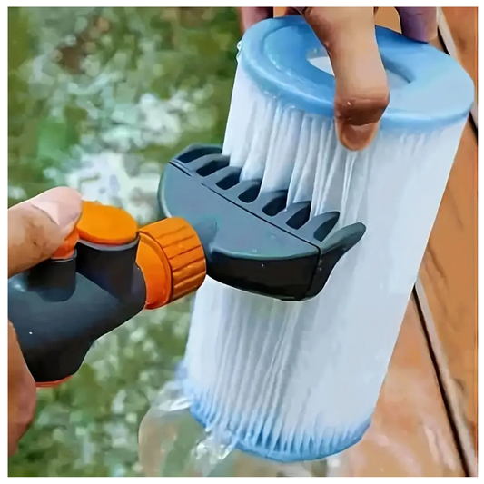 Brosse de Nettoyage pour Filtre de Piscine Robuste avec Manche Ergonomique; Se branche sur le tuyau d'arrosage -Élimination Rapide des Déchets sur les Filtres de Spa & Piscines - Construction Solide - Livré avec adaptateur tuyau d'arrosage.