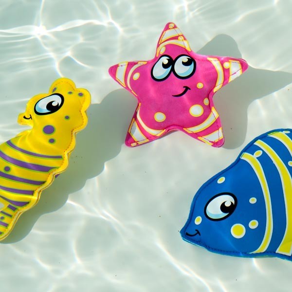 Set de jeu de poissons lestés composé d'un poisson, une étoile de mer et une hippocampe, parfait pour s'entraîner à retenir sa respiration tout en s'amusant.