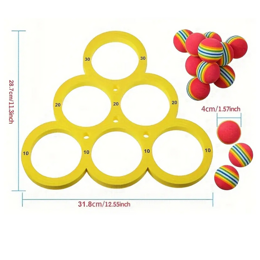 Jouet de jeu de piscine flottant Fun Splash - Jeu de lancer de boule colorée dans des anneaux jaunes, parfait pour des vacances en famille, divertissement familial.