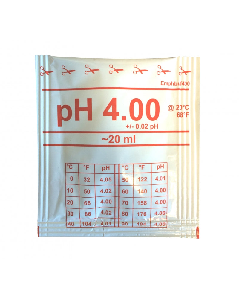 Solution de calibration en sachet de 20 ml de solution d'étalonnage. Disponible pour le pH4