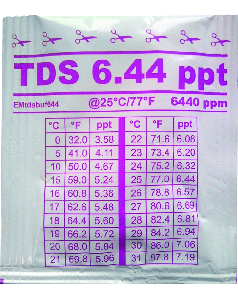 Solution de calibration en sachet de 20 ml de solution d'étalonnage. Disponible TDS 6,44 g/l