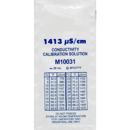 Solution de calibration en sachet de 20 ml de solution d'étalonnage. Disponible pour  la conductivité 1413 µS