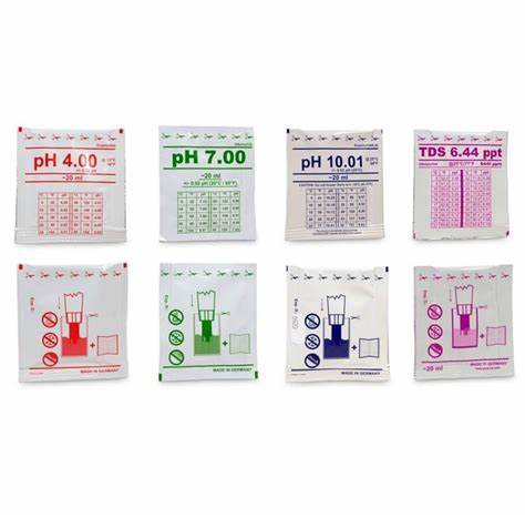 Solution de calibration en sachet de 20 ml de solution d'étalonnage. Disponible pour le pH, la conductivité, TDS, Salinité, Redox.